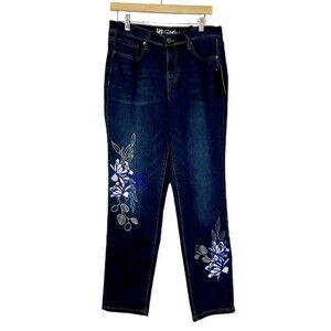 NWT D2G Diane Gilman Jeans Size 12 Embroidered Legs, Stretch, Straight Leg